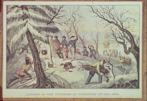 De landing van de pelgrims in Plymouth, 11 december 1620, gegraveerd door Nathaniel Currier door American School